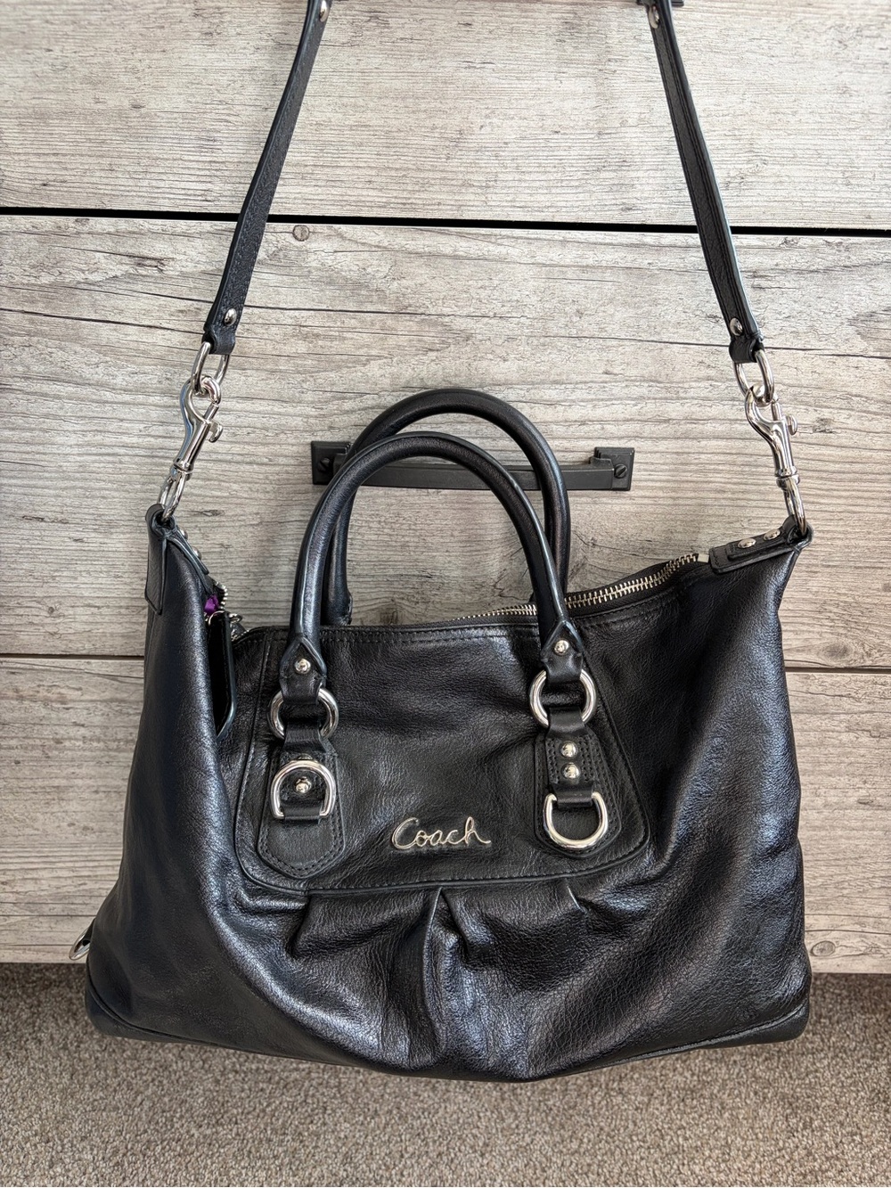 Coach Black Leather Satchel with Detachable Strap